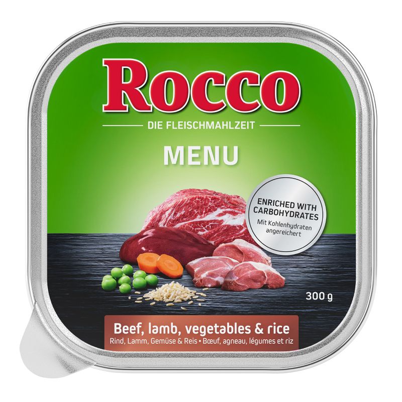 Rocco Menü, 300g. Beef, lamb, vegetables & rice. Enriched with carbohydrates.