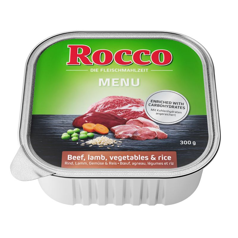 Rocco Menu, 300g. Beef, lamb, vegetables & rice. Enriched with carbohydrates.