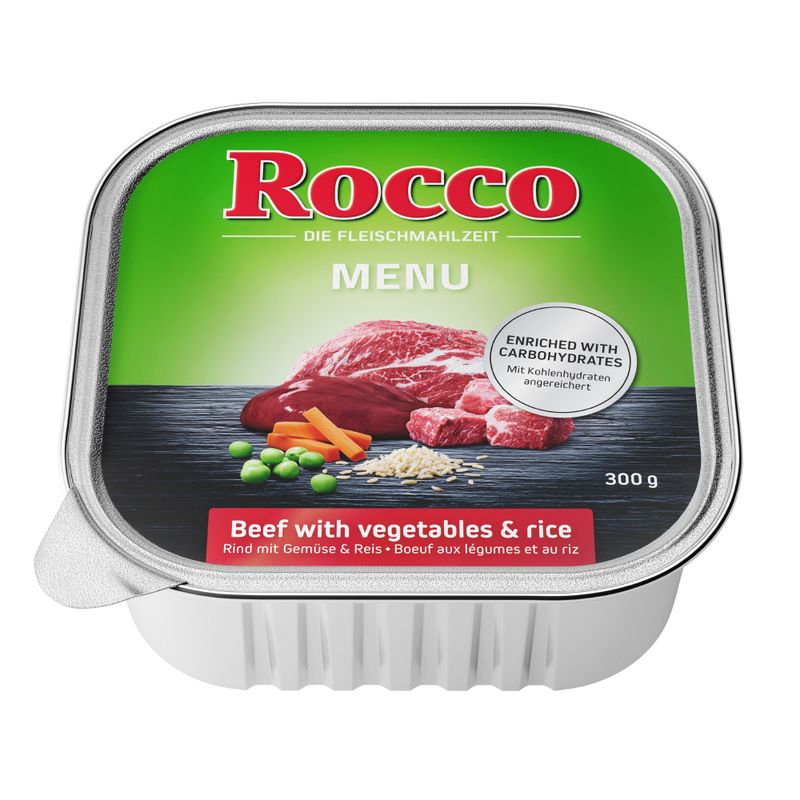 Rocco Menu, beef with vegetables and rice, enriched with carbohydrates, 300 g. Packaging shows meat piece, peas, carrots and rice.