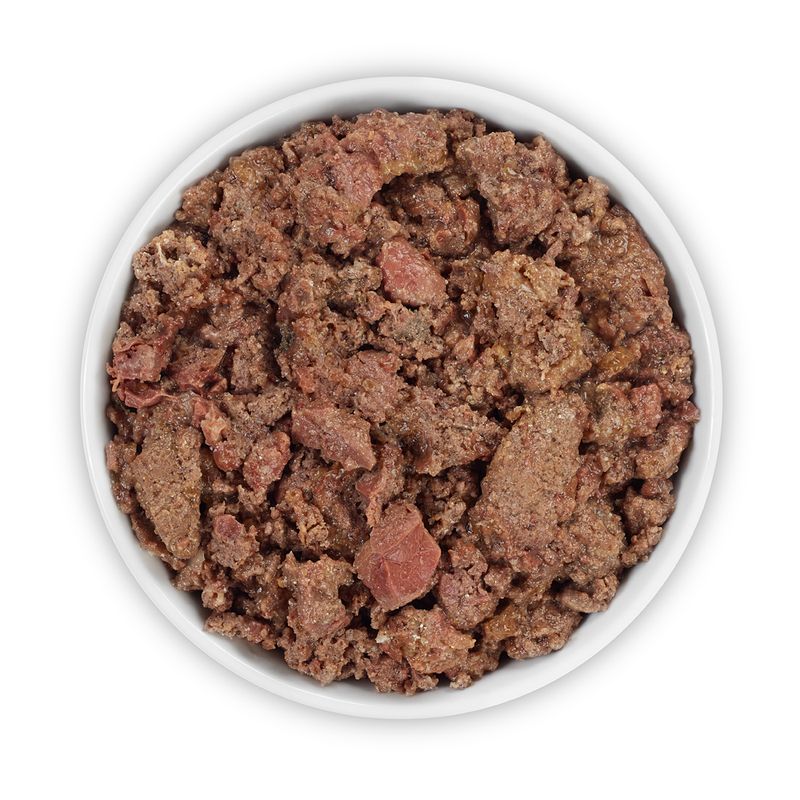 Close-up of wet food in a white bowl, consisting of brown and red meat pieces.