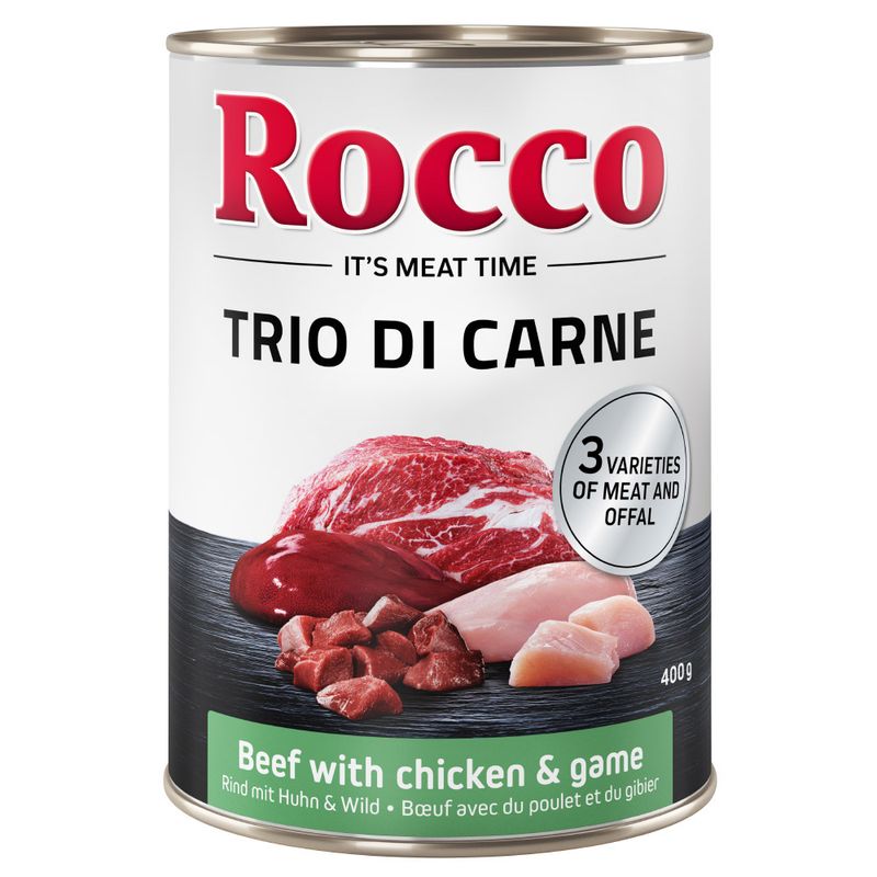 Rocco Trio di Carne, 400g can. Beef with chicken and game. Three types of meat and offal.