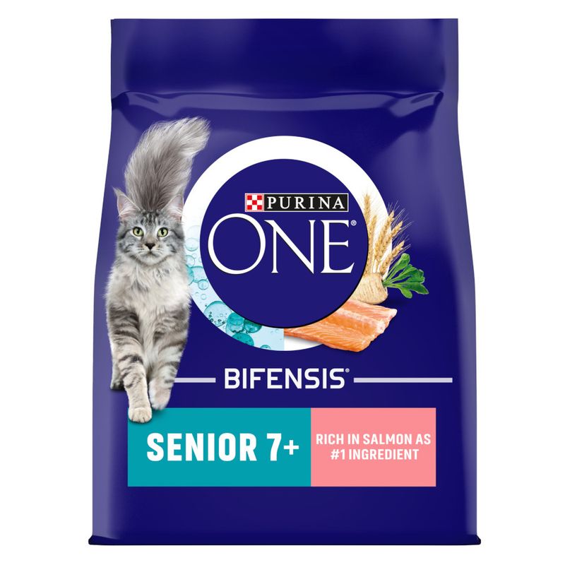 Purina One Bifensis Senior 7+ dry food, rich in salmon as number one ingredient, shown on packaging with a cat and images of salmon and grains.