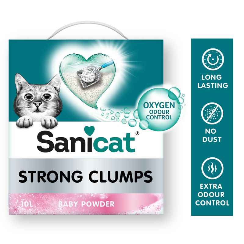 Sanicat Strong Clumps cat litter, baby powder scent, 10L. Features: Oxygen Odour Control, long lasting, no dust, extra odour control.
