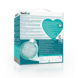 Sanicat cat litter packaging with product information, performance table and O2 technology. Includes details on clumping quality, dust control and odour retention.