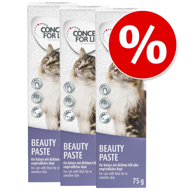 CONCEPT FOR LIFE Beauty Paste, 3 packs, 75g each. For cats with thick fur or sensitive skin. Large red percent symbol indicating discount offer.