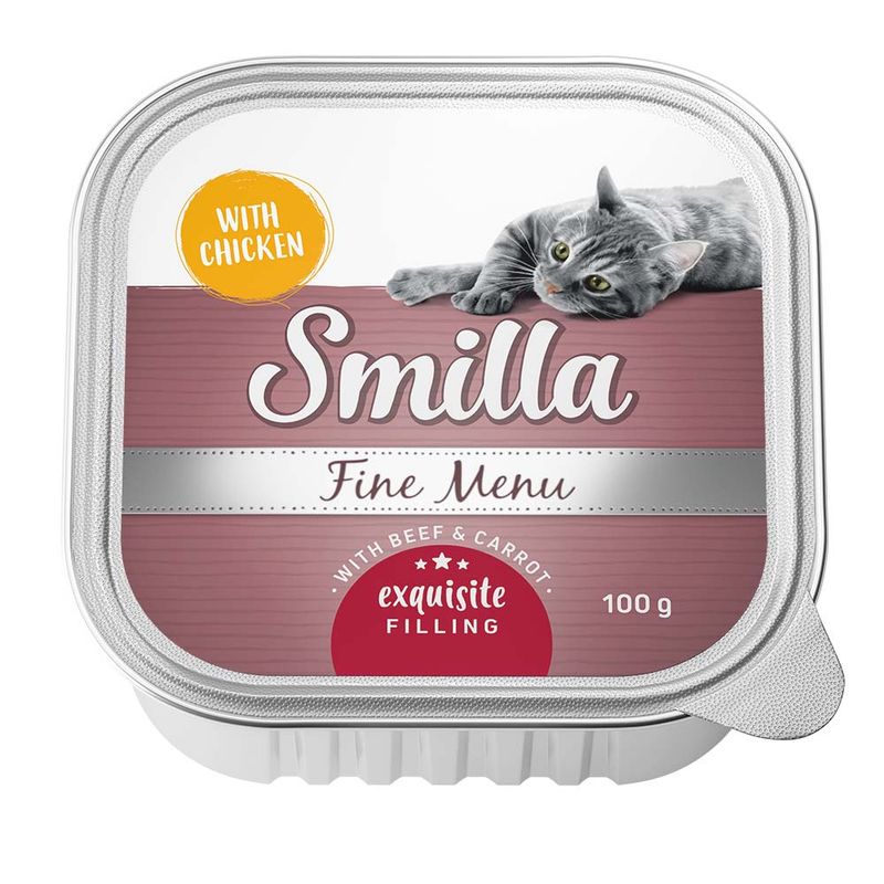 Smilla Fine Menu with chicken, beef and carrot. Exquisite filling, 100 g. Packaging shows a grey cat.