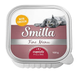 Smilla Fine Menu with chicken, beef and carrot. Exquisite filling, 100 g. Packaging shows a grey cat.