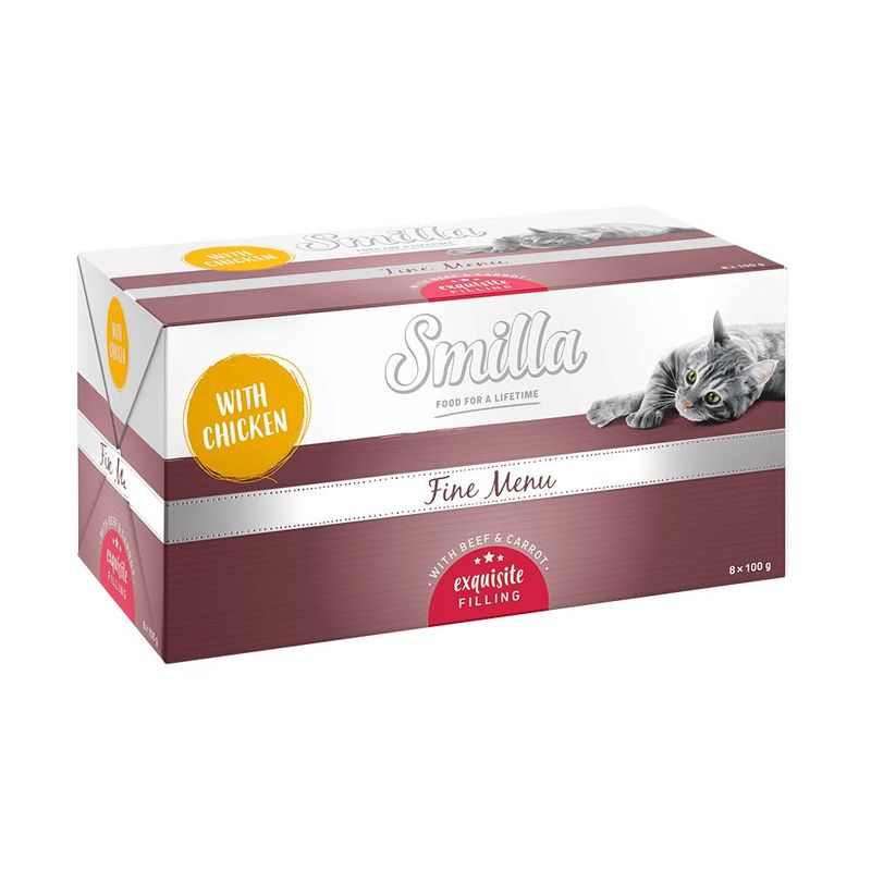 Smilla Fine Menu with chicken, beef and carrot. Exquisite filling. Pack contains 8 x 100 g pouches. Food for a lifetime.