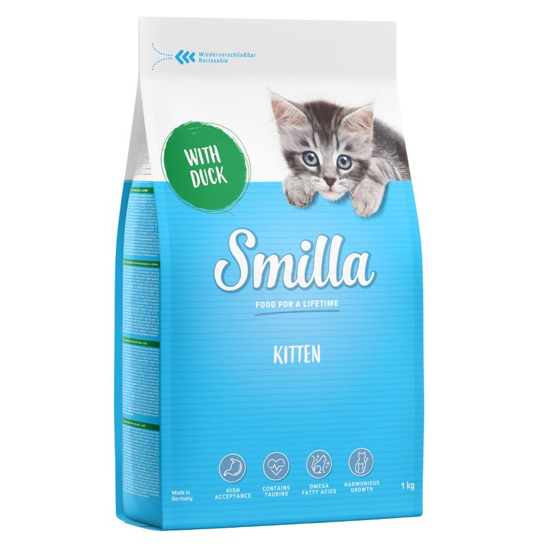 Smilla Kitten dry food with duck, resealable packaging, contains taurine and omega fatty acids, for balanced growth. Made in Germany, 1 kg.