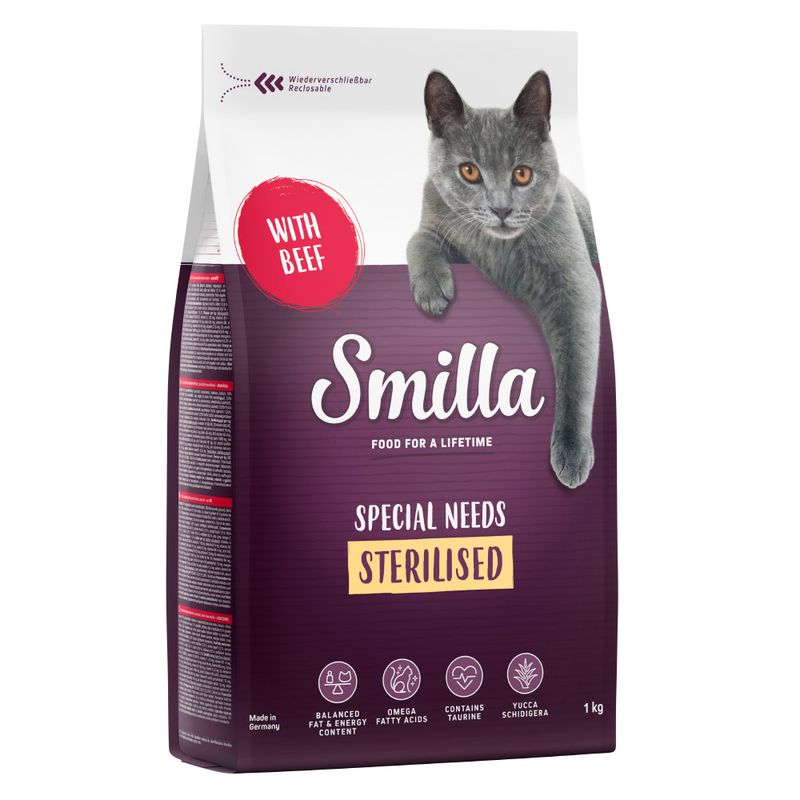 Smilla Special Needs Sterilised cat food with beef, resealable packaging, contains taurine, omega fatty acids, Yucca Schidigera, balanced fat and energy content, 1 kg.
