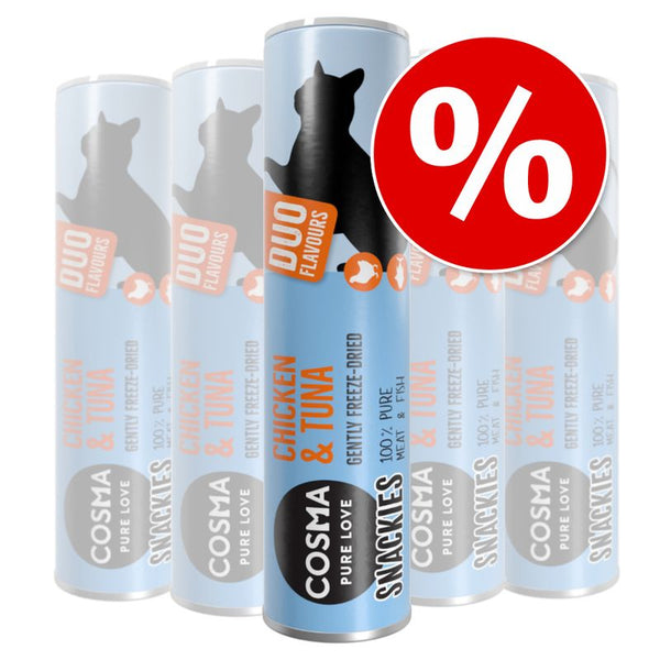 Cosma Snackies Duo Flavours Chicken & Tuna, gently freeze-dried, 100% pure meat and fish. Promotional percentage symbol shown.