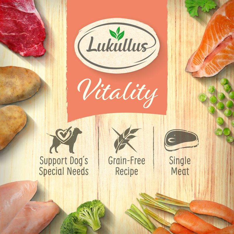 Lukullus Vitality. Support dog's special needs, grain-free recipe, single meat. Surrounded by visible ingredients including meat, fish, potatoes, peas, carrots and broccoli.