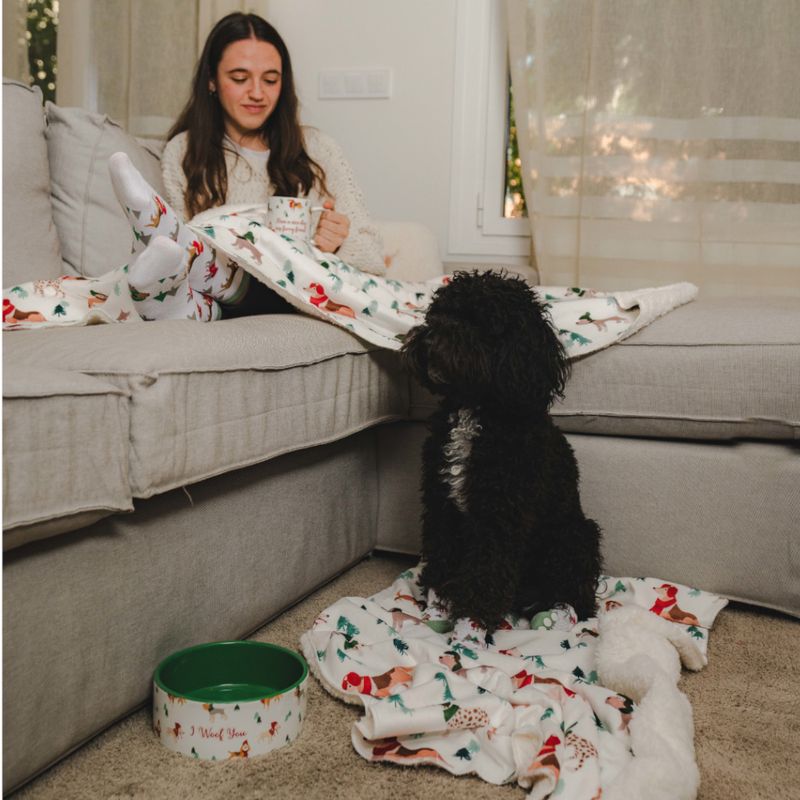 Black dog sitting on a blanket with Christmas motifs next to a green food bowl. Person holding a mug and wearing matching Christmas-themed clothing.