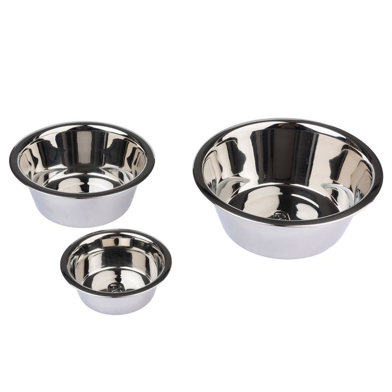 Three stainless steel bowls in different sizes, suitable for food or water.