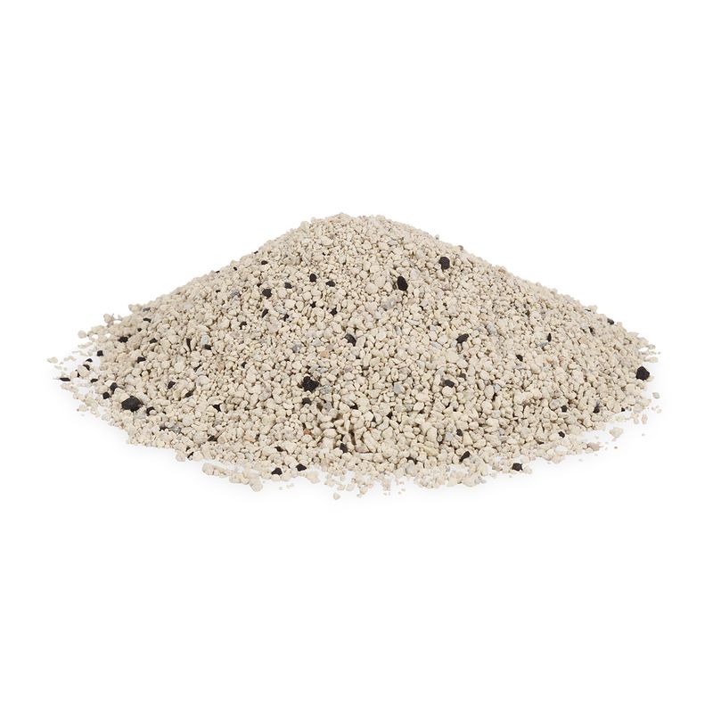 Pile of fine, light grey granules with occasional dark particles, possibly cat litter.