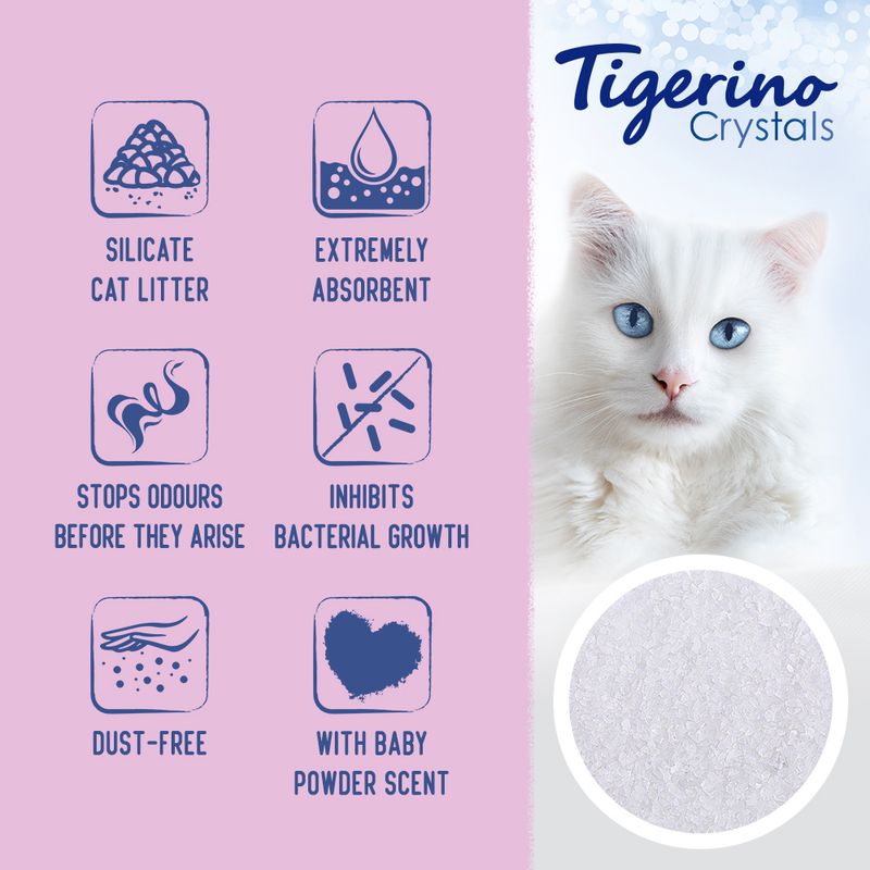 Silicate cat litter features: extremely absorbent, stops odours before they arise, inhibits bacterial growth, dust-free, with baby powder scent. Brand name Tigerino Crystals shown.