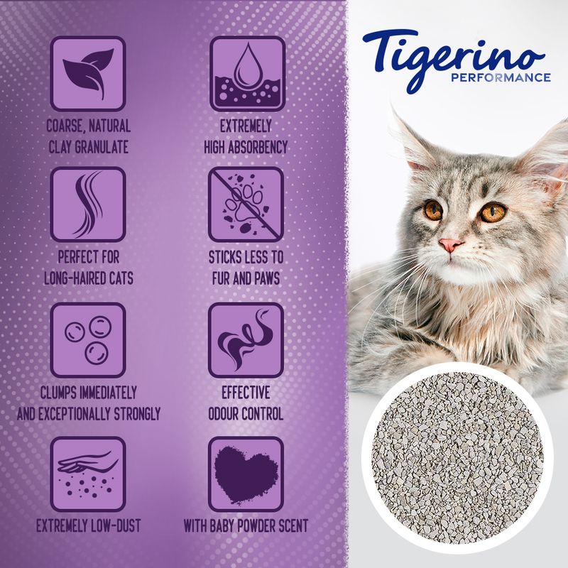 Features: coarse natural clay granulate, high absorbency, perfect for long-haired cats, sticks less to fur and paws, strong clumping, odour control, low-dust, baby powder scent.