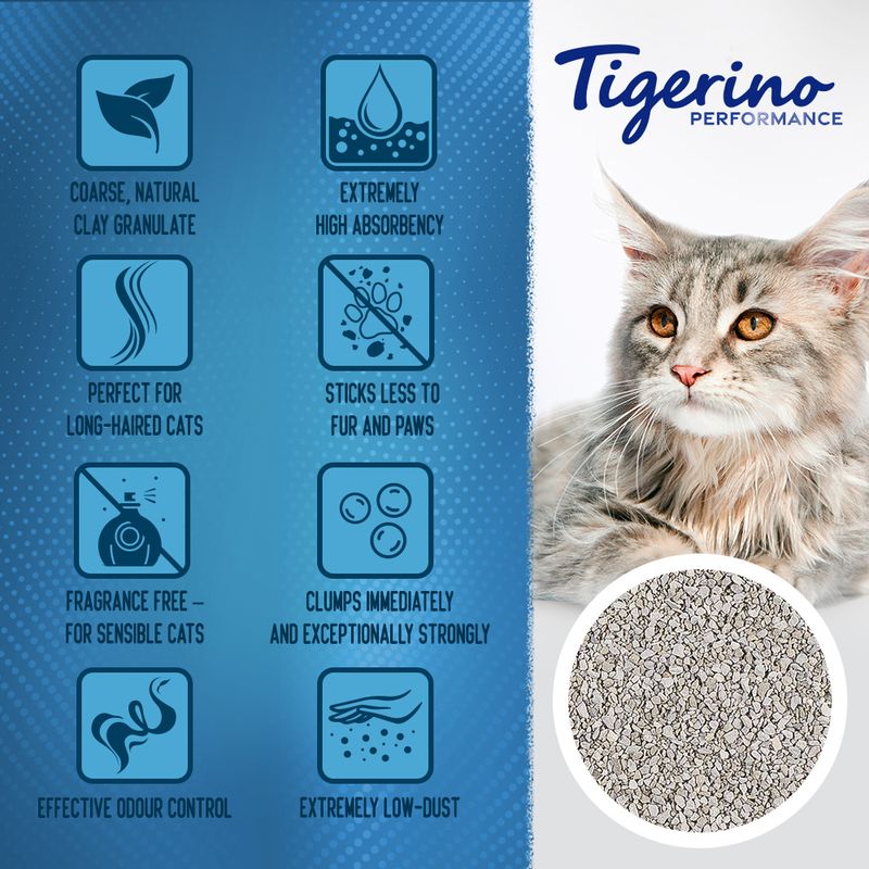 Product features: coarse natural clay granulate, high absorbency, sticks less to fur and paws, fragrance free, clumps strongly, effective odour control, extremely low-dust.