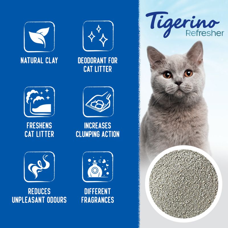 Cat litter refresher features: natural clay, deodorant for cat litter, freshens cat litter, increases clumping action, reduces unpleasant odours, available in different fragrances.