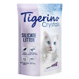 Tigerino Crystals Silicate Litter, 5L, with lavender scent. Features: lightweight, odour-binding, antibacterial, dust-free.