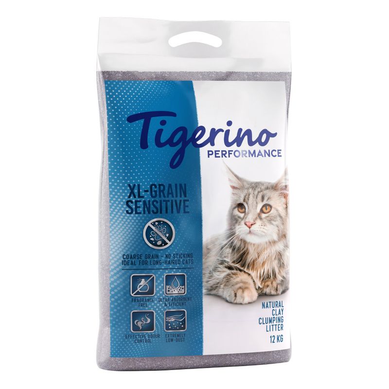 Tigerino Performance XL-Grain Sensitive cat litter, natural clay clumping litter, 12 kg. Unscented, ultra absorbent, odour-binding, extremely low dust, ideal for long-haired cats.
