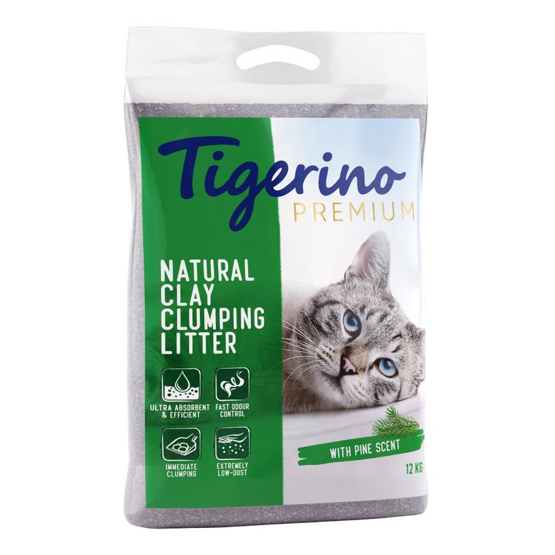 Tigerino Premium Natural Clay Clumping Litter, ultra absorbent, fast odour control, immediate clumping, very low dust, pine scent, 12 kg pack with cat image.