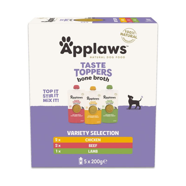 Applaws Taste Toppers bone broth, 100% natural ingredients. Variety Selection: 2x Chicken, 2x Beef, 1x Lamb, 5x 200g. Top it, stir it, mix it.