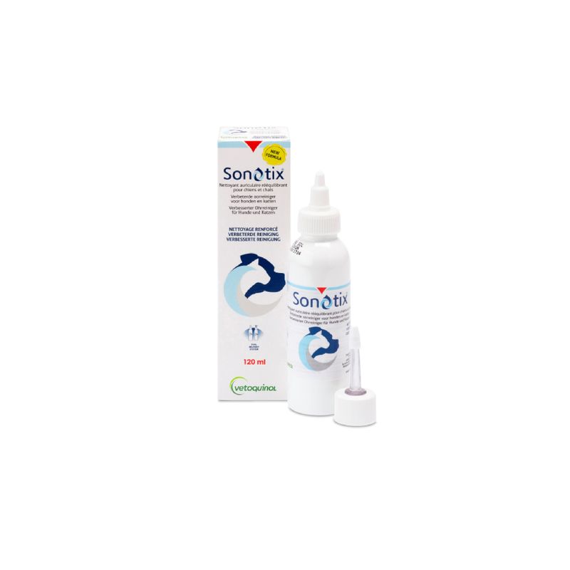 Sonotix Ear Cleaner, 120 ml, enhanced cleaning for dogs and cats. Vetoquinol. New recipe.