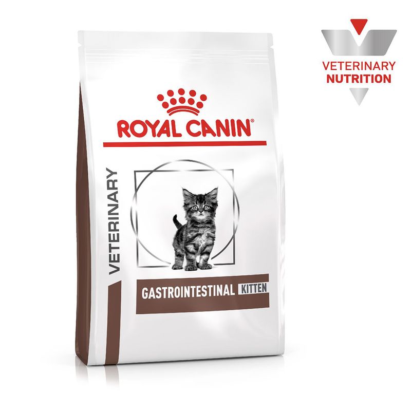 Bag labelled Royal Canin Veterinary Gastrointestinal Kitten, with image of a kitten and veterinary nutrition badge visible.