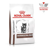 Bag labelled Royal Canin Veterinary Gastrointestinal Kitten, with image of a kitten and veterinary nutrition badge visible.
