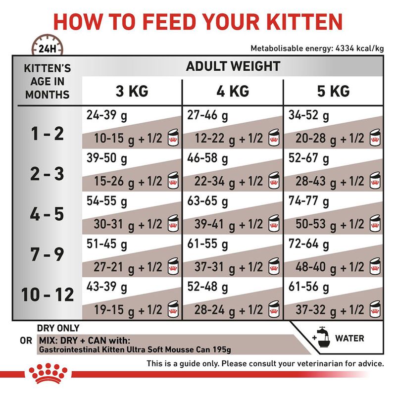 Feeding guide chart for kittens by age in months and adult weight, showing daily dry food grams or mix with half a can of mousse. Includes water advice and note to consult a veterinarian.