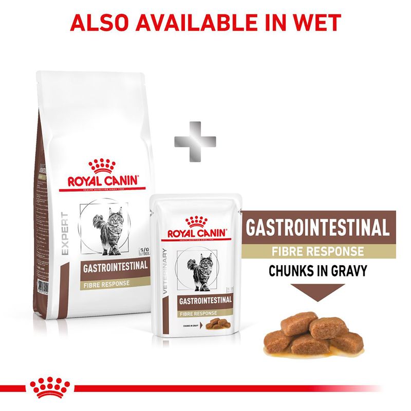 Gastrointestinal Fibre Response food shown in dry and wet forms, with text stating 'Also available in wet' and 'Chunks in gravy'.