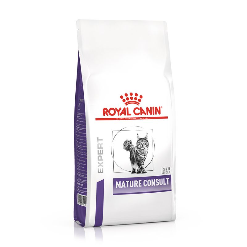 Bag labelled Royal Canin Expert Mature Consult with an illustration of a cat and SD Index marking visible on the front.