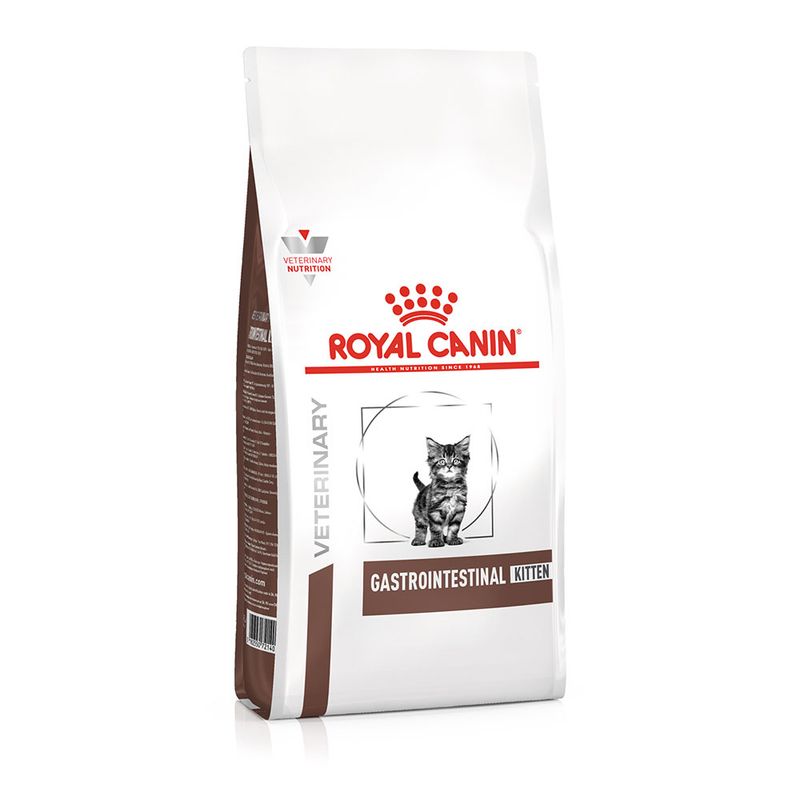 Bag labelled Royal Canin Veterinary Nutrition Gastrointestinal Kitten, showing product name and a kitten image on the front.