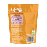 Back of Wagg Sausage & Mash treats pack showing feeding guide, energy content per piece, composition, nutritional additives, and recycling instructions. Net weight 125g.
