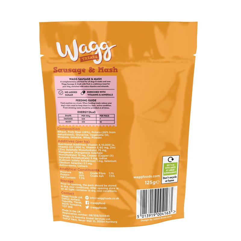Back of Wagg Sausage & Mash treats pack showing feeding guide, energy content per piece, composition, nutritional additives, and recycling instructions. Net weight 125g.