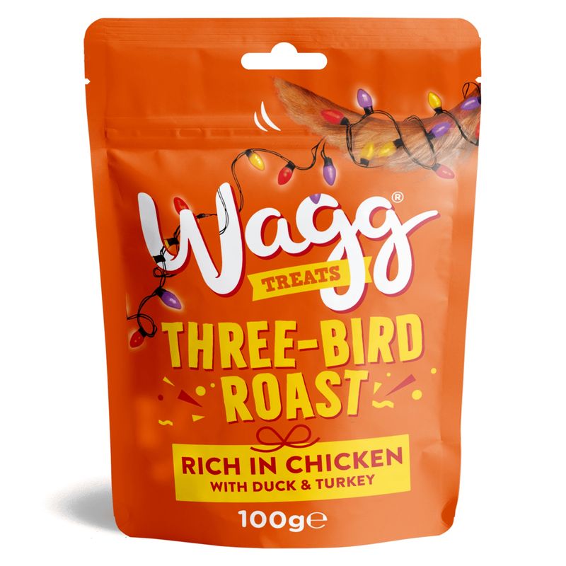 Wagg Treats Three-Bird Roast, rich in chicken with duck and turkey, 100g pouch.