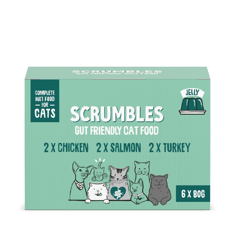 Scrumbles gut friendly cat food, complete wet food for cats in jelly. Contains 2 chicken, 2 salmon, and 2 turkey packs. Box size: 6 x 80g.