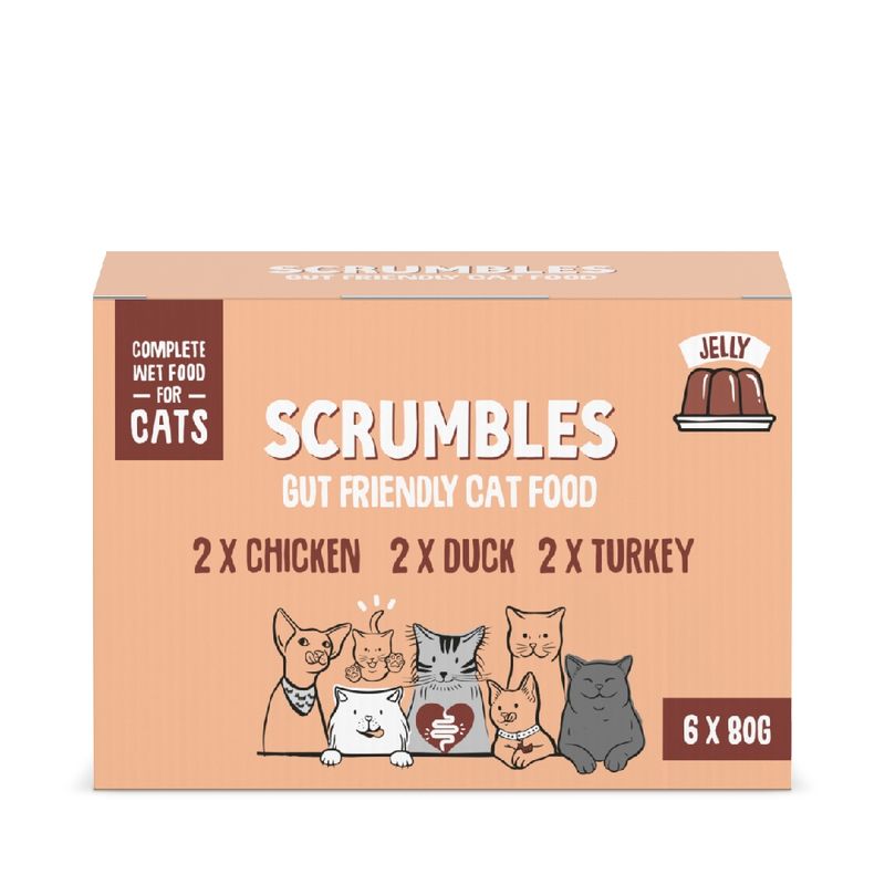 Scrumbles gut friendly cat food, complete wet food in jelly. Contains 2 chicken, 2 duck, 2 turkey. Pack of 6 x 80g.