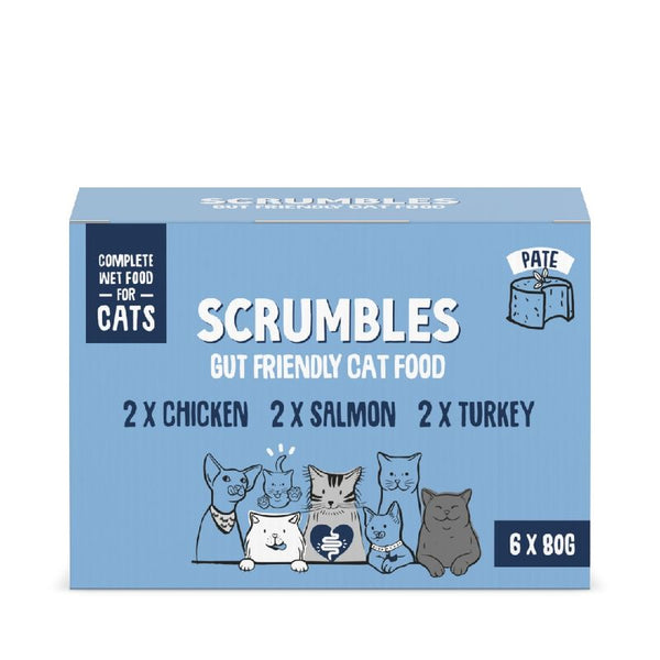 Scrumbles gut friendly cat food, complete wet food for cats. Contains 2 chicken, 2 salmon, 2 turkey pouches. Pâté texture. Pack size: 6 x 80g.