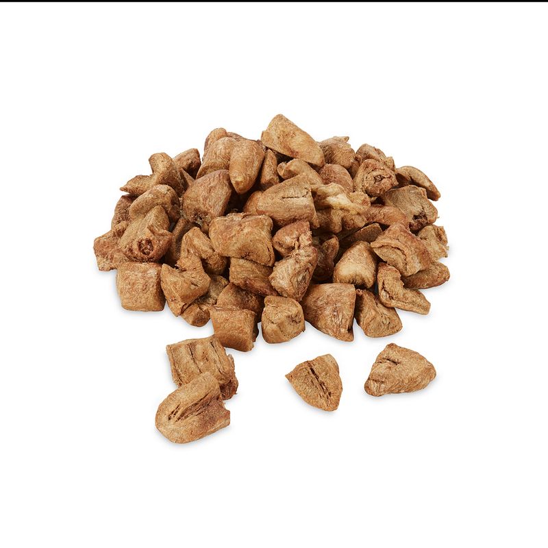 Dried brown meat pieces, loosely arranged. Product image without packaging.