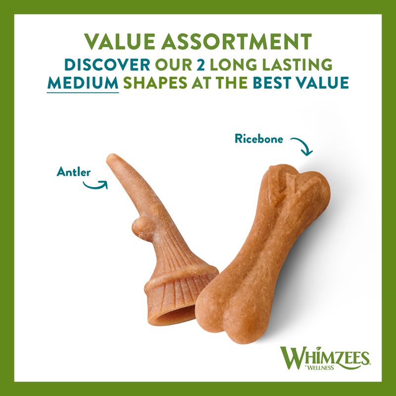 Value assortment showing two long lasting medium shapes: Antler and Ricebone. Text highlights best value. Whimzees Wellness branding visible.