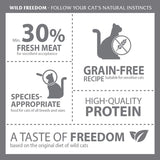 Wild Freedom. Min. 30% fresh meat, grain-free recipe for sensitive cats, species-appropriate food for all breeds and sizes, high-quality proteins, based on wild cats’ diet.