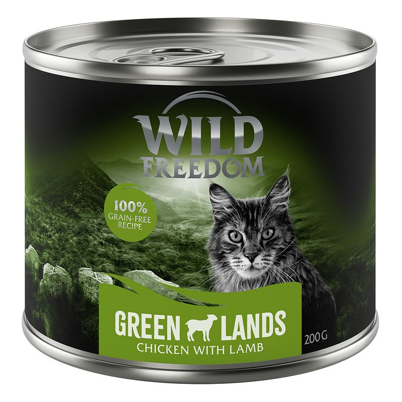 Wild Freedom Green Lands, 100% grain-free recipe, chicken with lamb, 200g can with green landscape design and cat image.