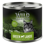 Wild Freedom Green Lands, 100% grain-free recipe, chicken with lamb, 200g can with green landscape design and cat image.