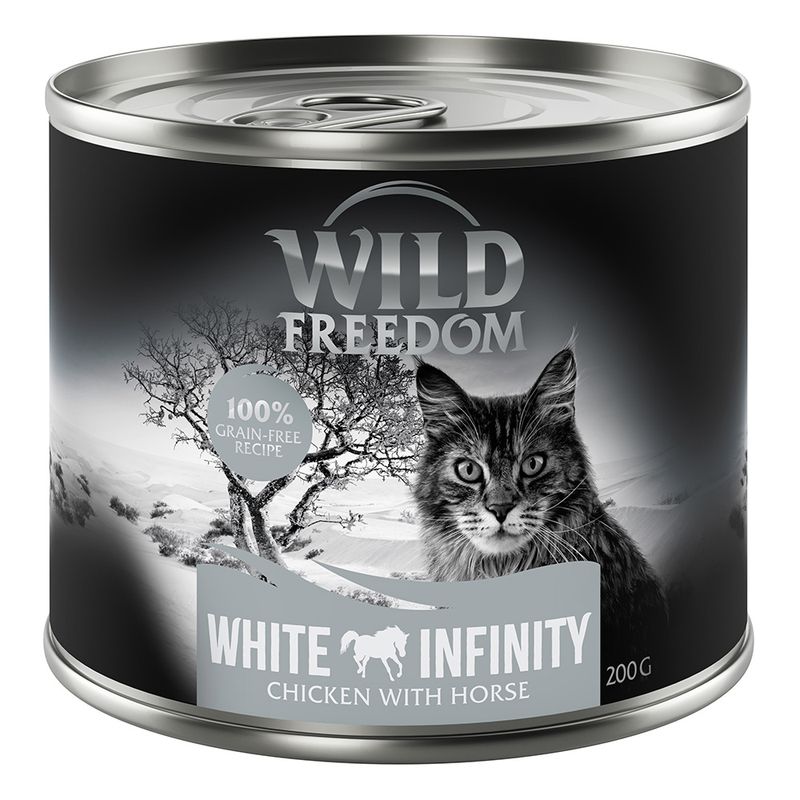 Wild Freedom White Infinity, 100% grain-free recipe, chicken with horse, 200g can with cat design.