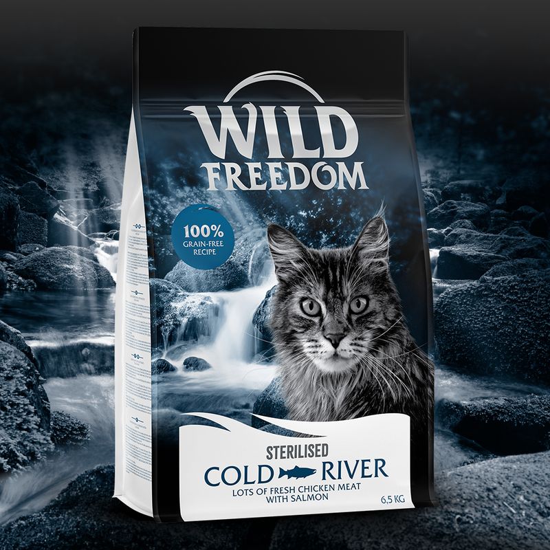 Wild Freedom Sterilised Cold River cat food, 6.5 kg, 100% grain-free recipe with fresh chicken and salmon.