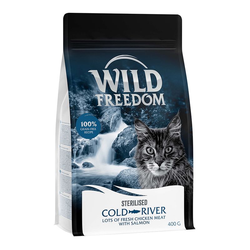 Wild Freedom Sterilised Cold River, 100% grain-free recipe with lots of fresh chicken meat and salmon, 400g pack