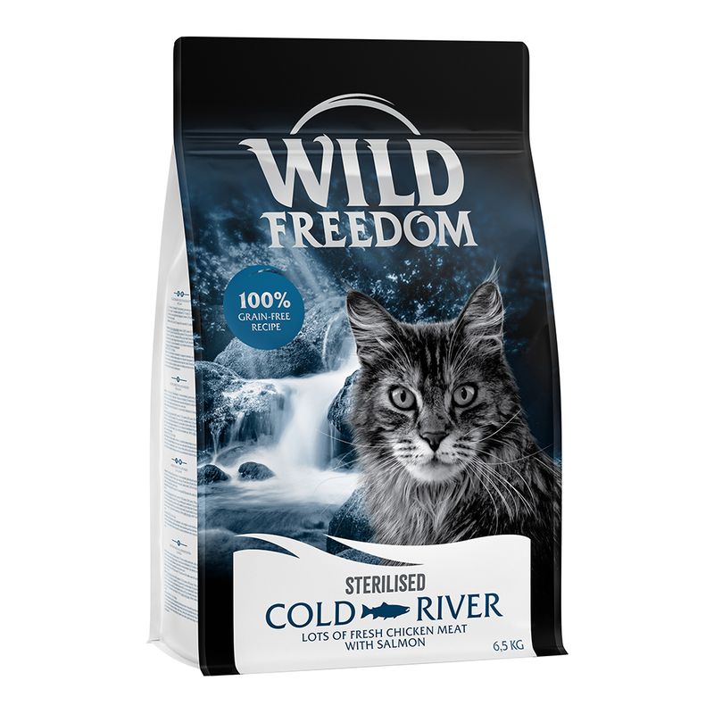 Wild Freedom Sterilised Cold River cat food, 100% grain-free recipe, fresh chicken with salmon, 6.5 kg pack.