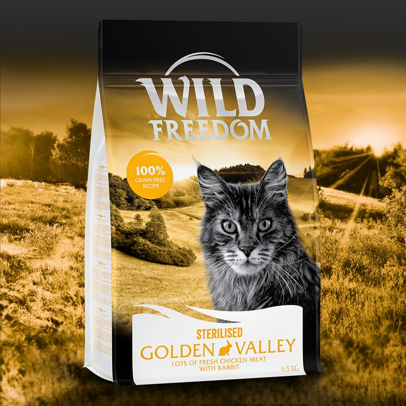 Wild Freedom Sterilised Golden Valley cat food, 100% grain-free recipe, fresh chicken with rabbit, 6.5 kg.
